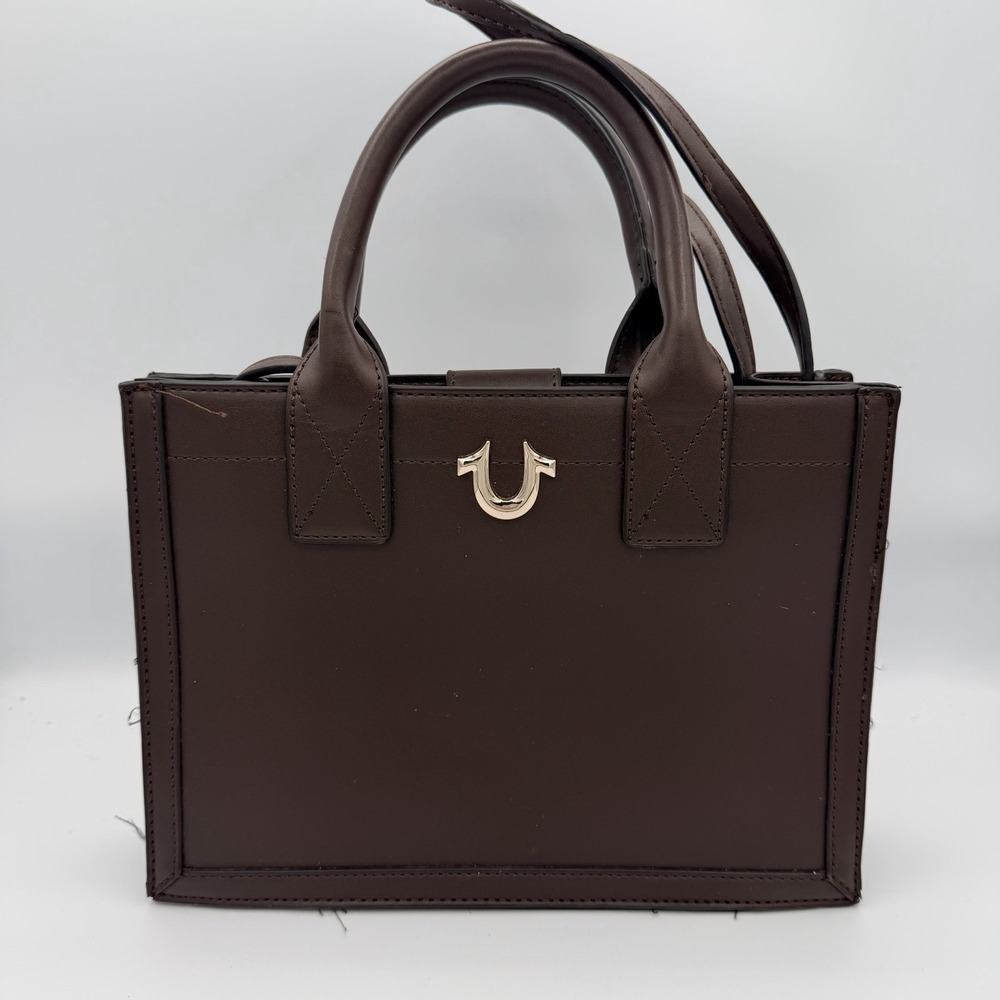 TRUE RELIGION Womens Brown Horseshoe Pocket Snap Crossbody Logo Tote Bag Purse